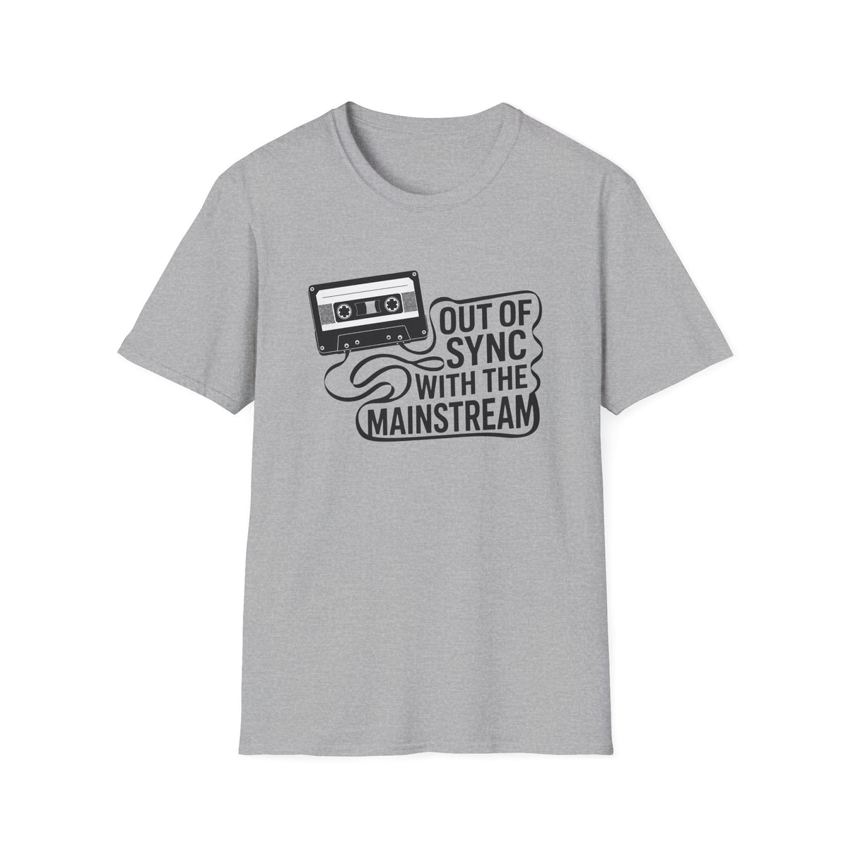 A light gray short-sleeve crewneck t-shirt featuring a black graphic of a cassette tape and the text 'OUT OF SYNC WITH THE MAINSTREAM' on the front, displayed against a solid white background.