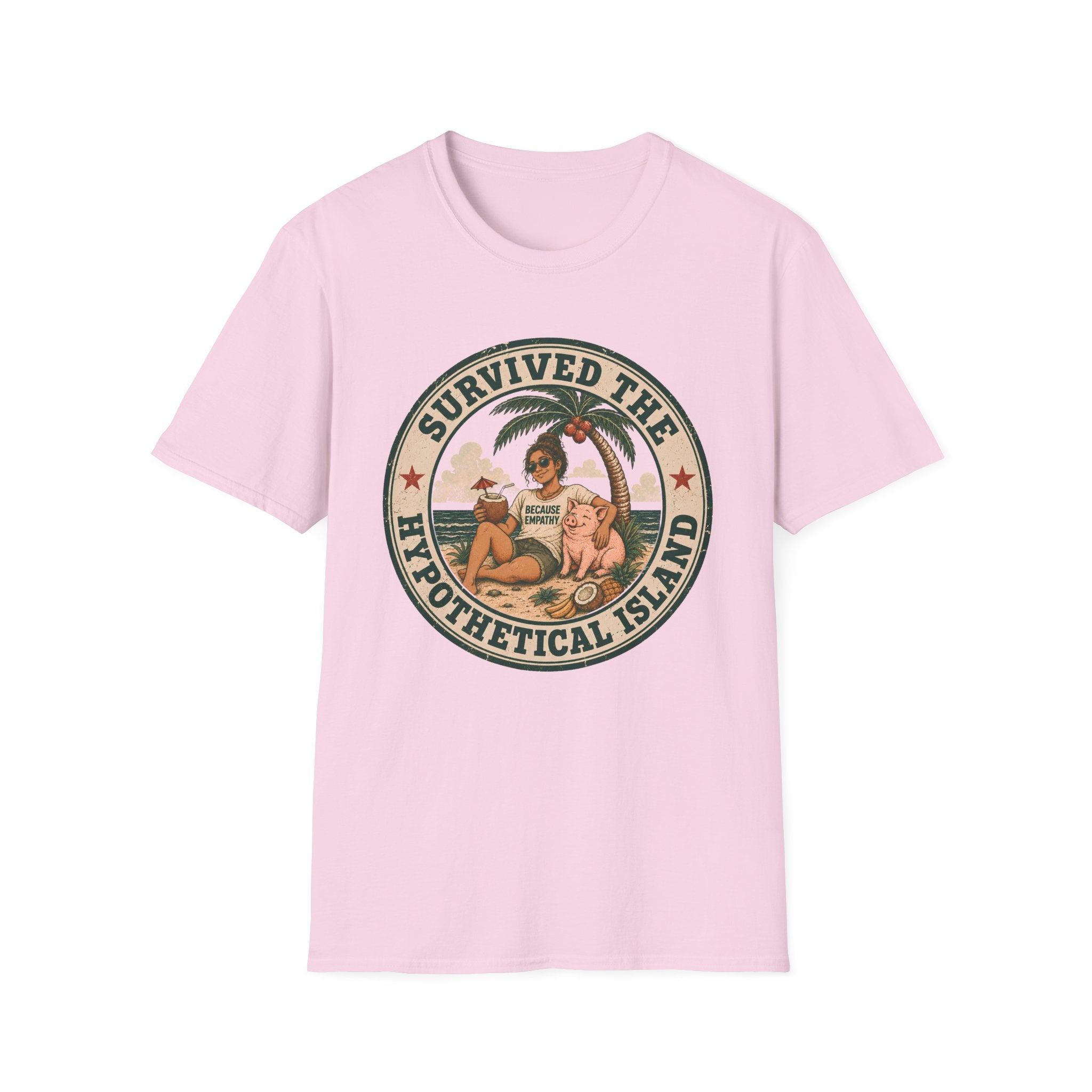 A light pink short-sleeve crewneck t-shirt featuring a circular retro-style graphic on the chest with the text 'SURVIVED THE HYPOTHETICAL ISLAND' and an illustration of a woman and child under a palm tree.