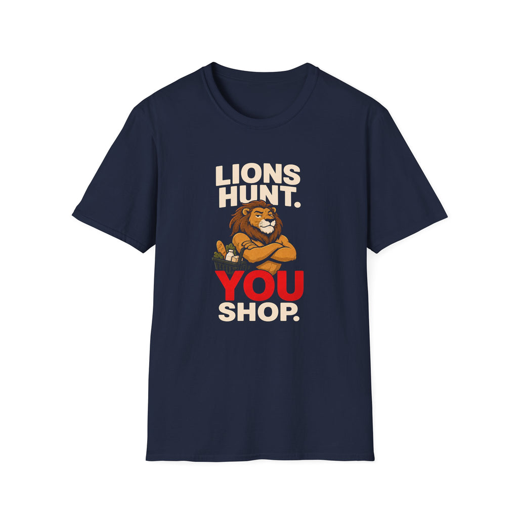 Lion holding a grocery basket with the slogan Lions Hunt You Shop on a navy graphic T-shirt design.