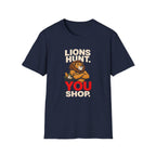 Lion holding a grocery basket with the slogan Lions Hunt You Shop on a navy graphic T-shirt design.