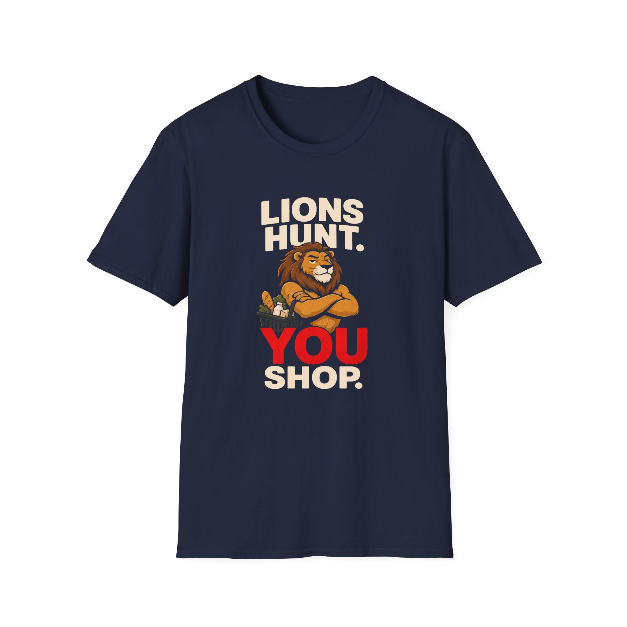 Lion holding a grocery basket with the slogan Lions Hunt You Shop on a navy graphic T-shirt design.