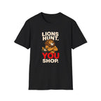 Lion holding a grocery basket with the slogan Lions Hunt You Shop on a black graphic T-shirt design.