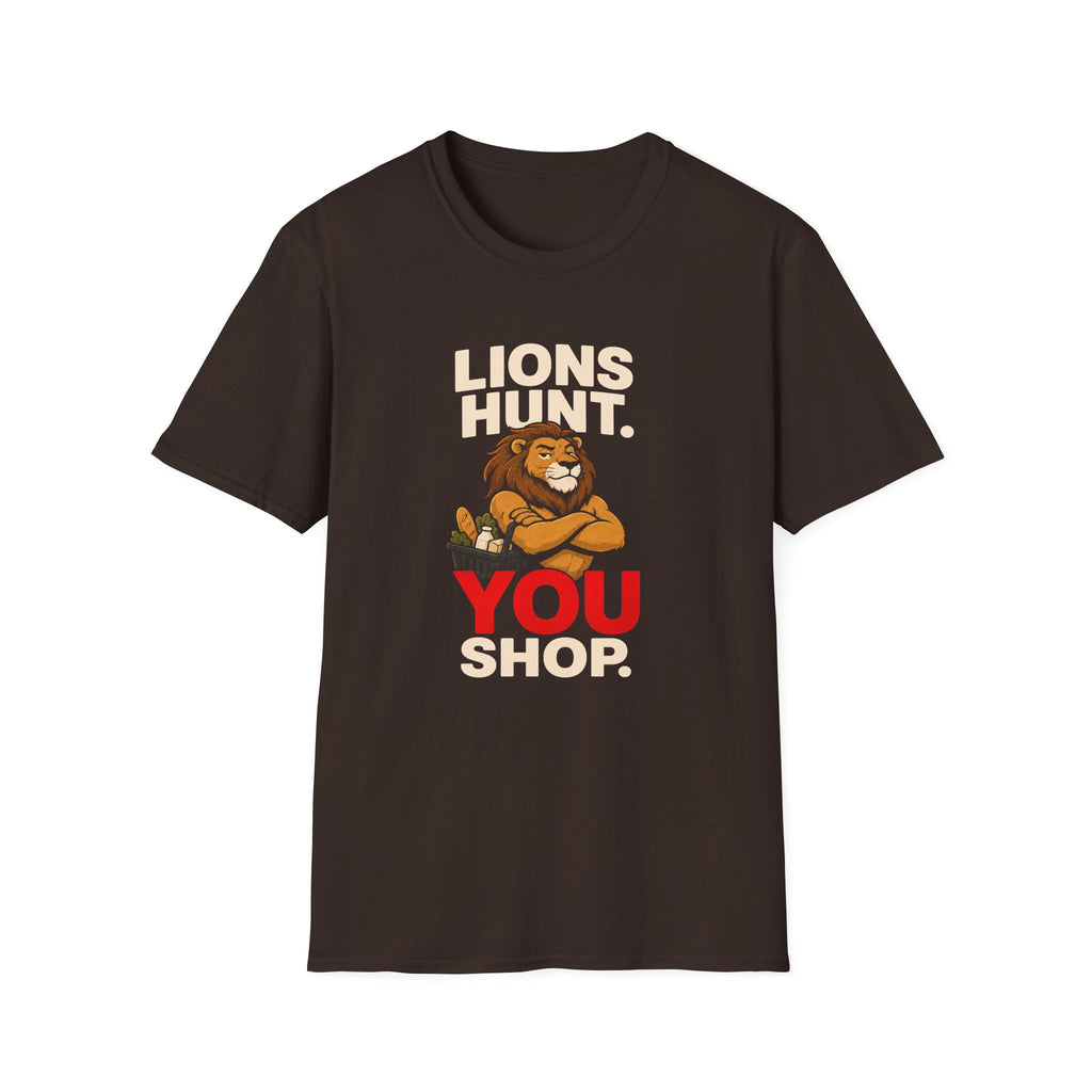 Lion holding a grocery basket with the slogan Lions Hunt You Shop on a brown graphic T-shirt design.