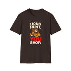 Lion holding a grocery basket with the slogan Lions Hunt You Shop on a brown graphic T-shirt design.