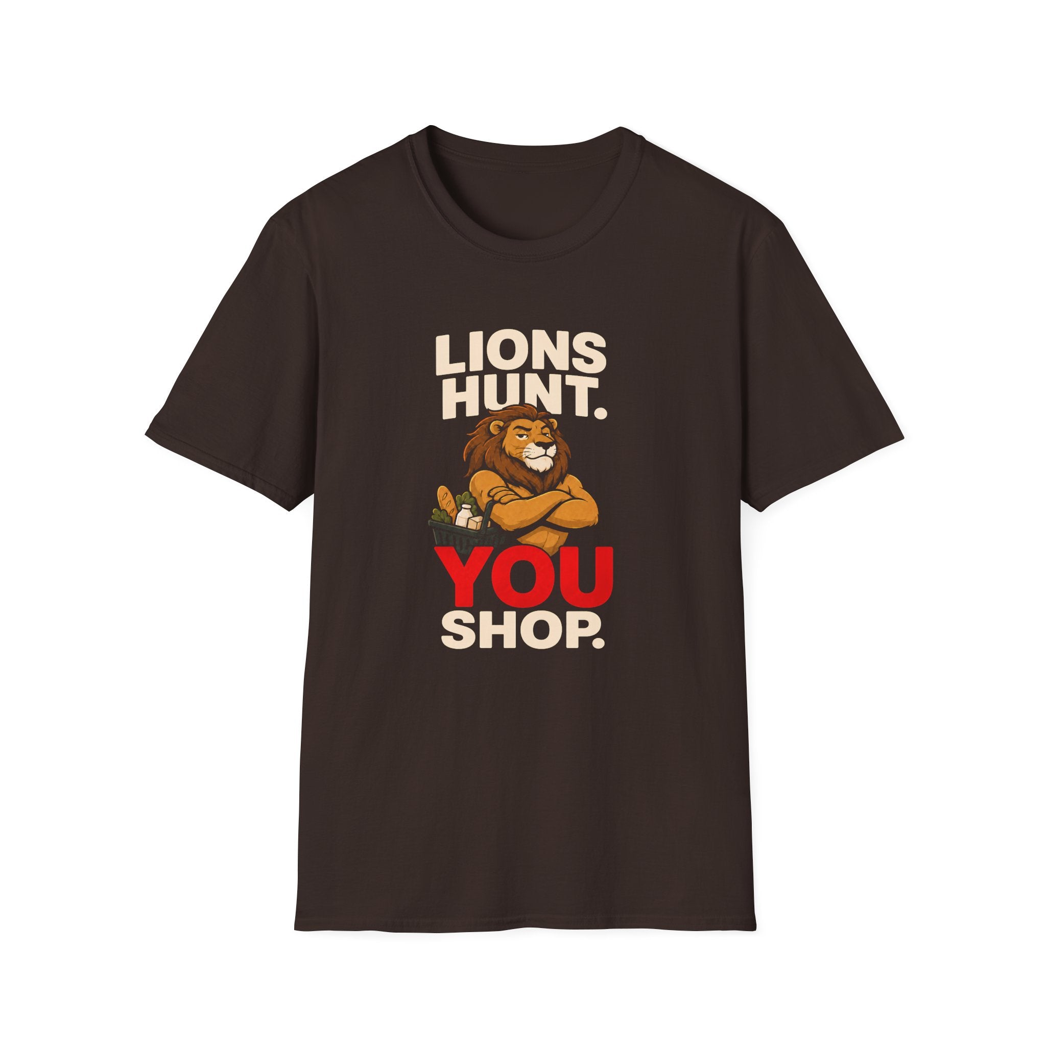 Lion holding a grocery basket with the slogan Lions Hunt You Shop on a brown graphic T-shirt design.