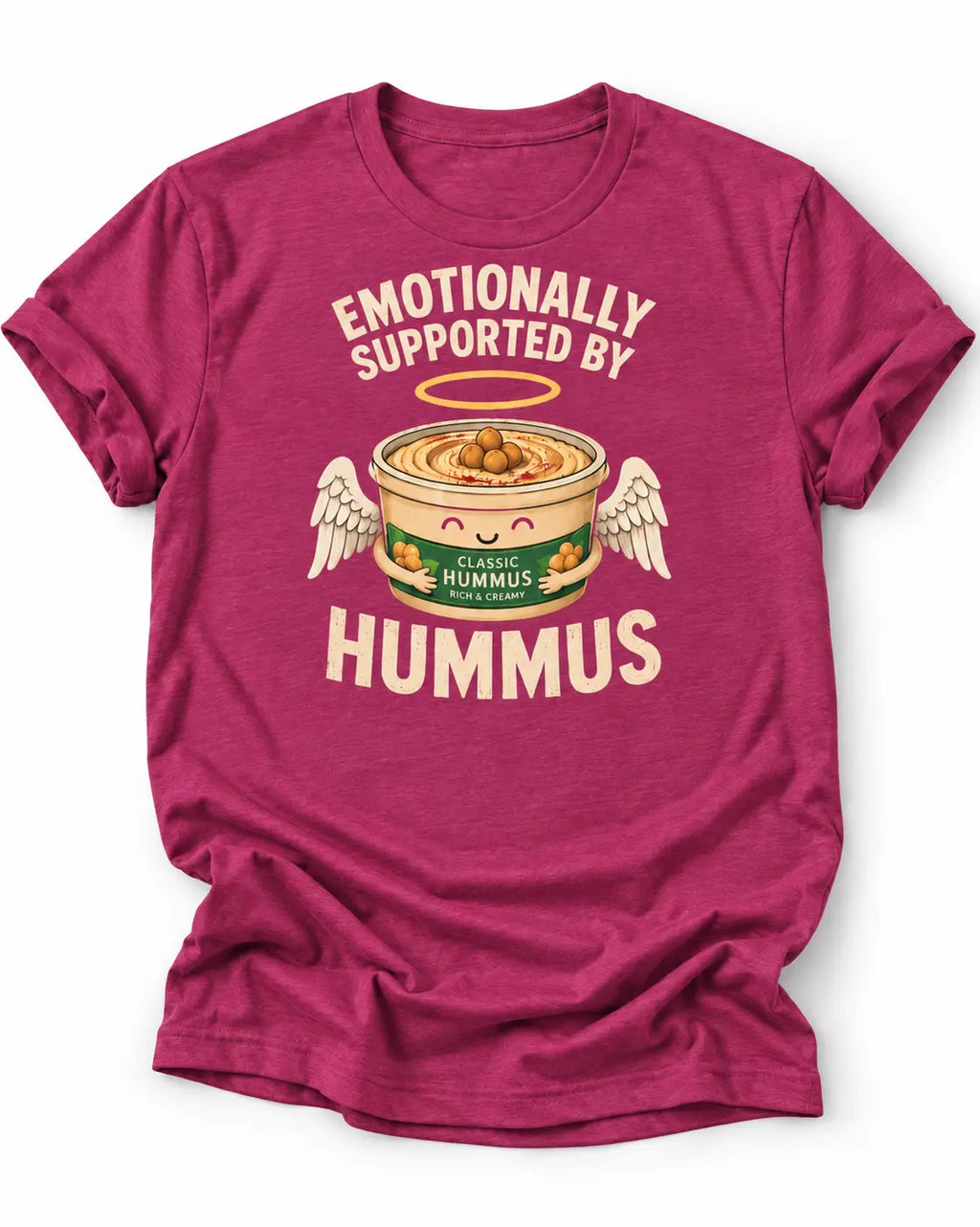 Hot pink graphic t-shirt with an image of a tub of hummus and text 'emotionally supported by hummus' 