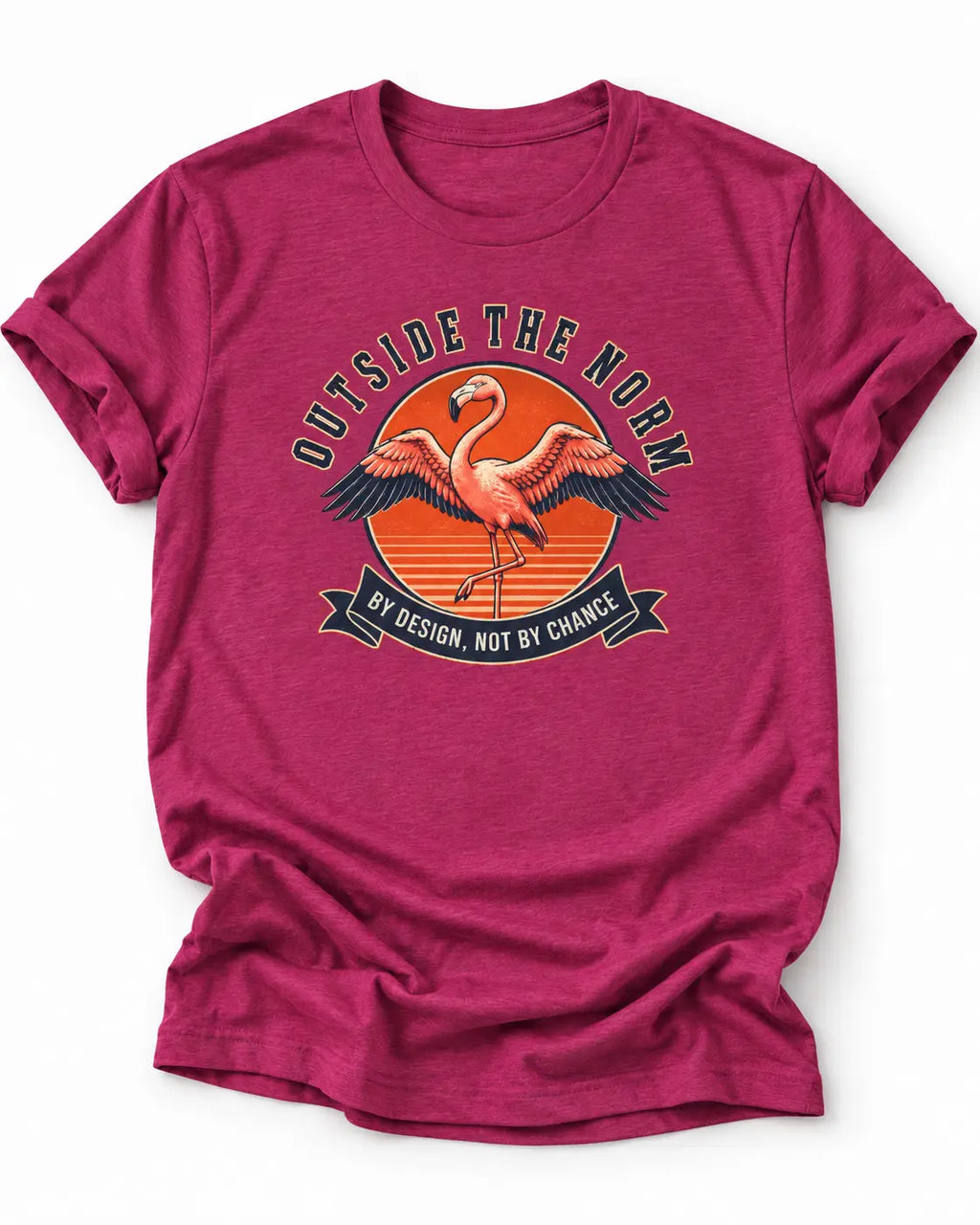 Heather magenta graphic t-shirt with a flamingo design and the text 'OUTSIDE THE NORM BY DESIGN, NOT BY CHANCE', 