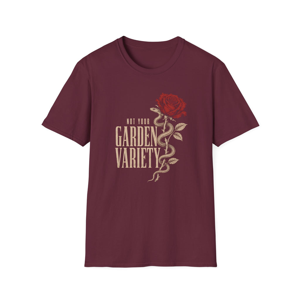 Maroon t-shirt with text 'not your garden variety' and image of a snake wrapped around a rose
