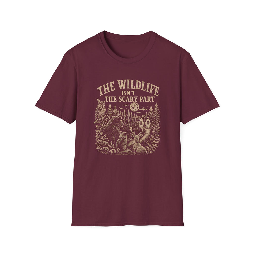 Maroon t-shirt with nature graphic of animals and halloween characters walking up a path and text 'the wildlife isn;t the scary part