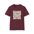 maroon t-shirt with text 'reading the fine print since day one'
