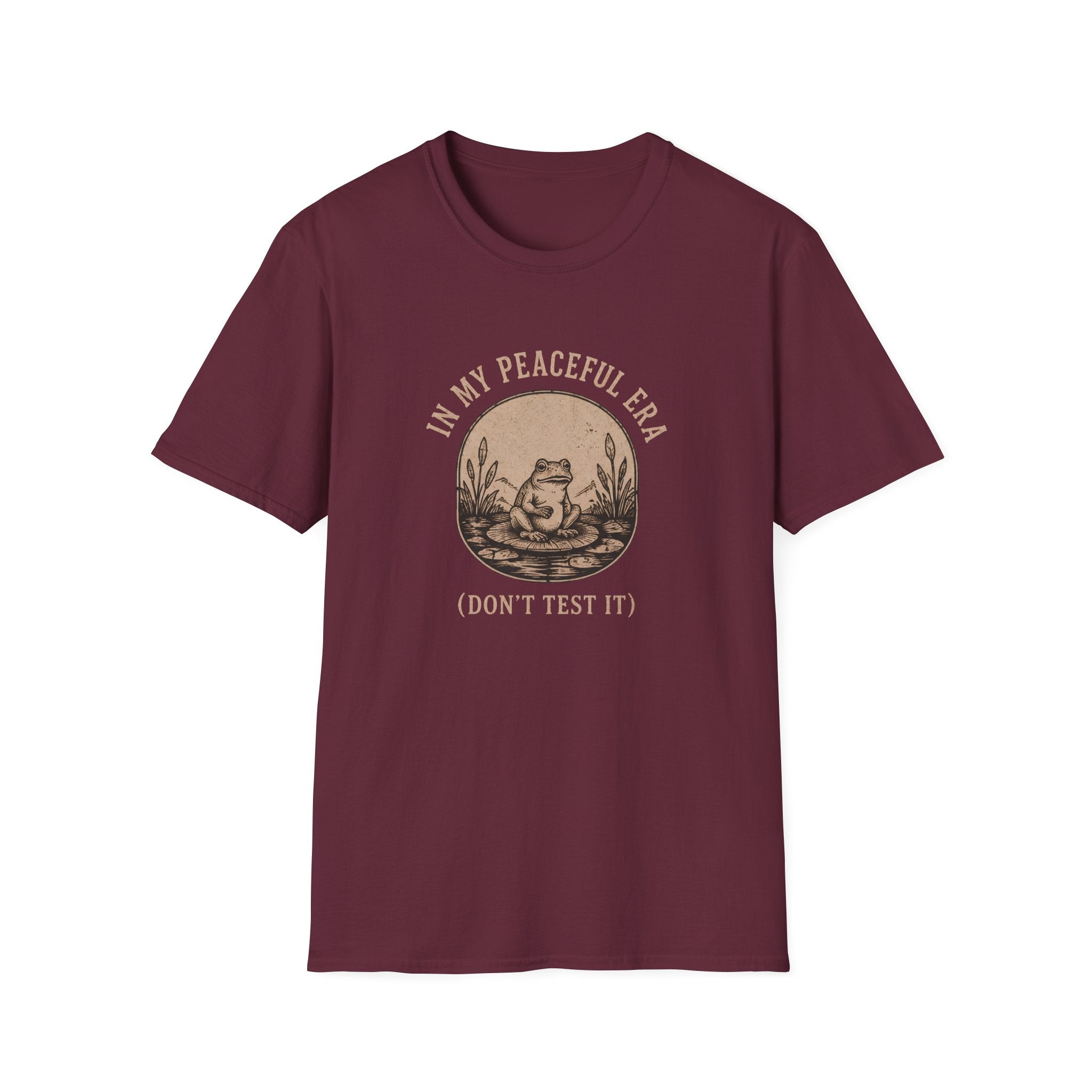 Maroon t-shirt with frog graphic and text 'in my peaceful era don't test it'