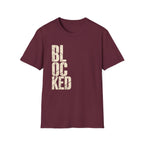 Maroon t-shirt with the text 'blocked'