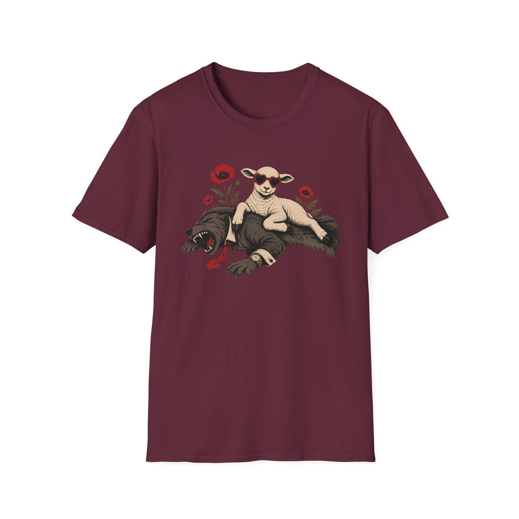 Maroon tee with graphic of a sheep lying on a wolf with red flowers surrounding