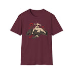 Maroon tee with graphic of a sheep lying on a wolf with red flowers surrounding