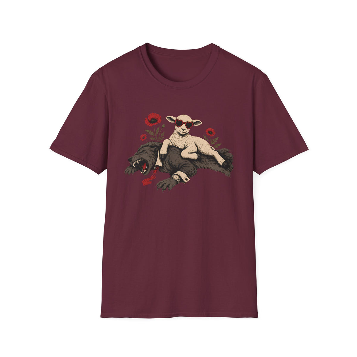 Maroon tee with graphic of a sheep lying on a wolf with red flowers surrounding
