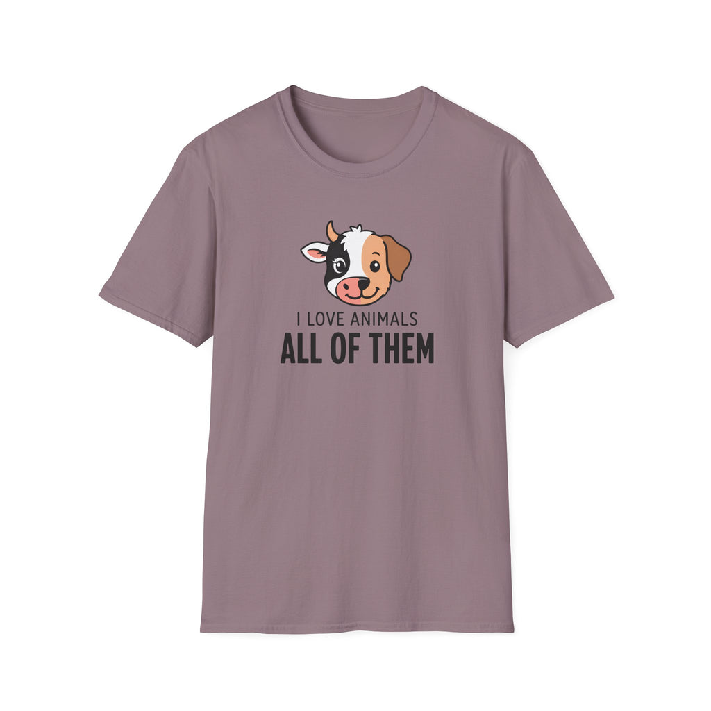 A dusty mauve short-sleeve crewneck t-shirt featuring a cartoon dog graphic and the text 'I LOVE ANIMALS ALL OF THEM' printed on the chest, displayed against a solid white background.