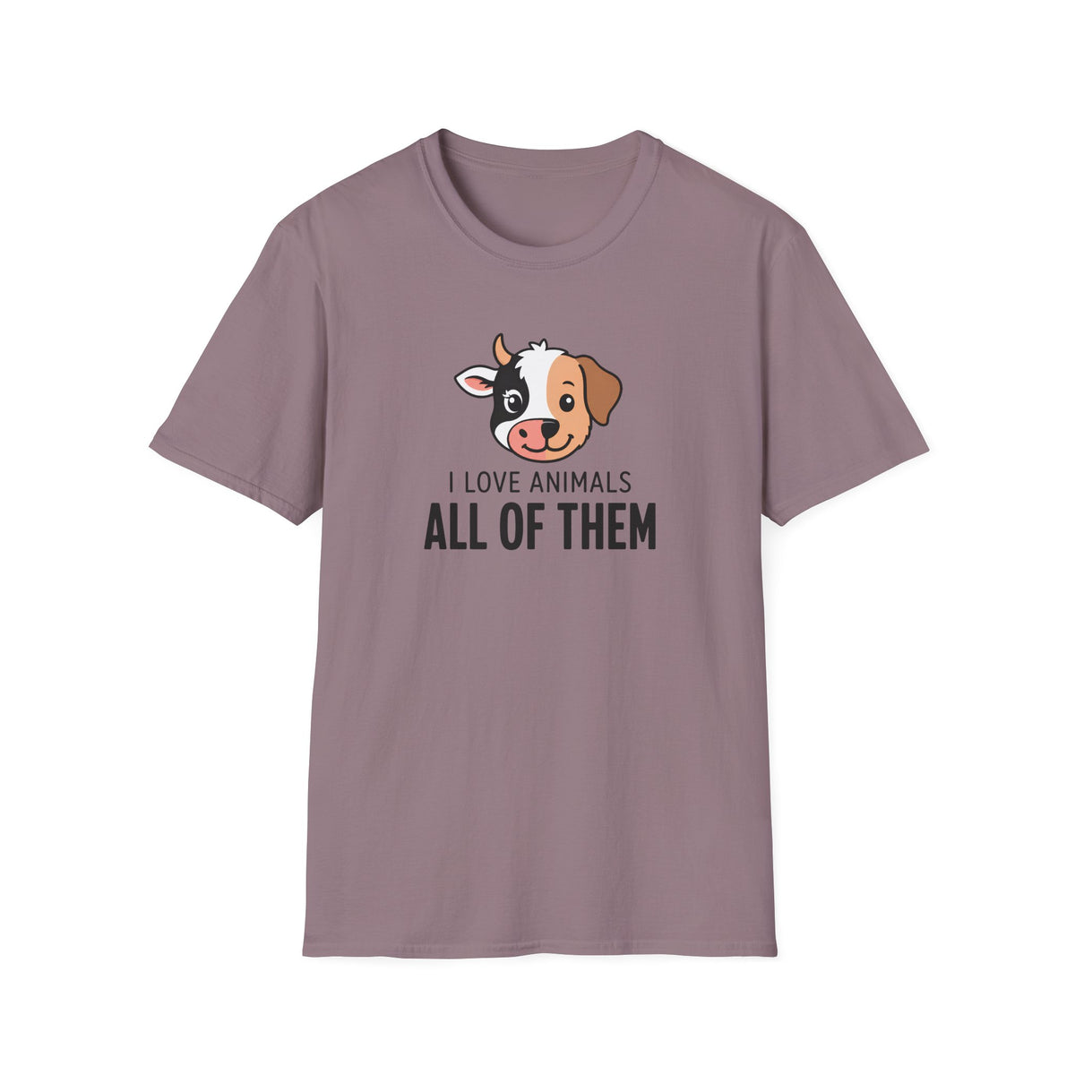 A dusty mauve short-sleeve crewneck t-shirt featuring a cartoon dog graphic and the text 'I LOVE ANIMALS ALL OF THEM' printed on the chest, displayed against a solid white background.