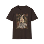 Medieval illuminated manuscript style graphic featuring a grumpy rabbit holding a scroll that reads "NO" above the words "Ask Someone Else."