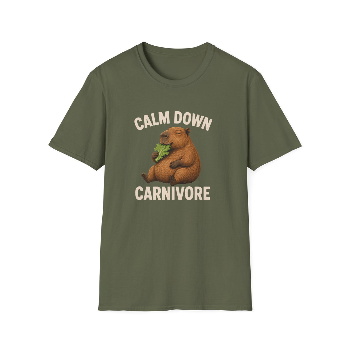 An olive green short-sleeve t-shirt with a graphic of a brown capybara holding green leaves, with the text 'CALM DOWN CARNIVORE' in beige above and below the illustration, displayed on a solid white background.