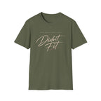 A navy blue graphic t-shirt The t-shirt features the text 'MADE MYSELF SMALL ONCE. DIDN'T FIT'