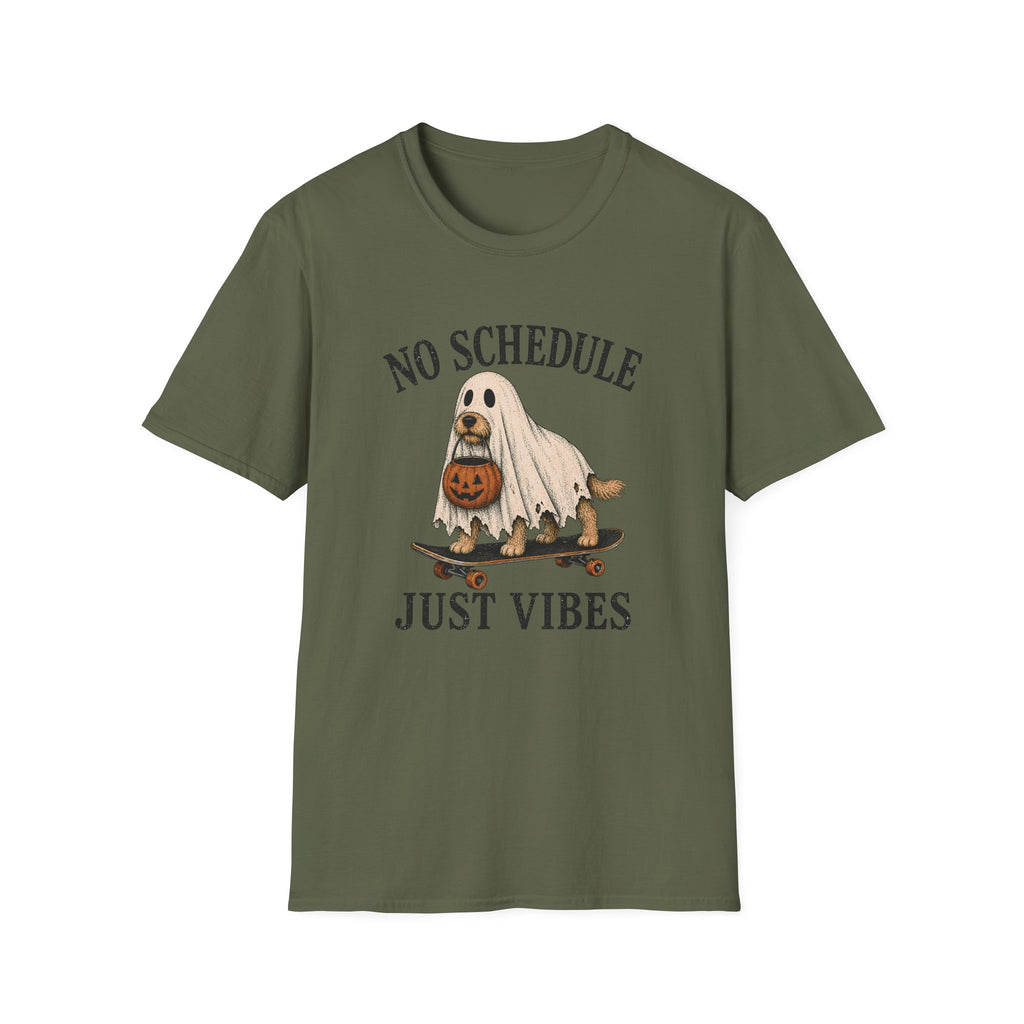 Military Green t-shirt with dog on a skateboard halloween graphic and text 'no schedule just vibes'