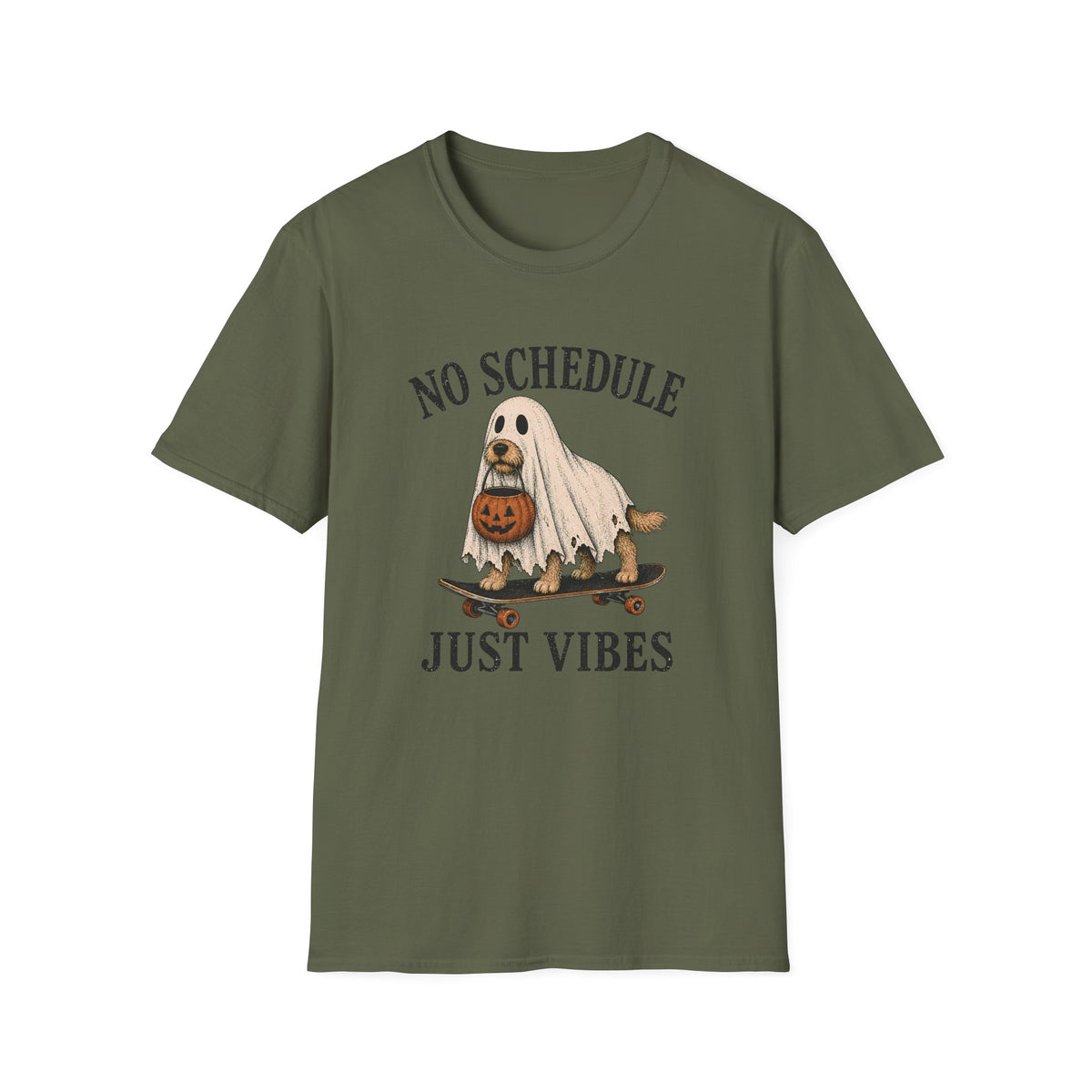 Military Green t-shirt with dog on a skateboard halloween graphic and text 'no schedule just vibes'