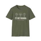 A black short-sleeve graphic T-shirt with text 'it's not paranoia it's a tuesday'