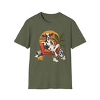 Military green short-sleeve crewneck t-shirt featuring a colorful graphic print of a cow lounging in an orange armchair against a sunset background.