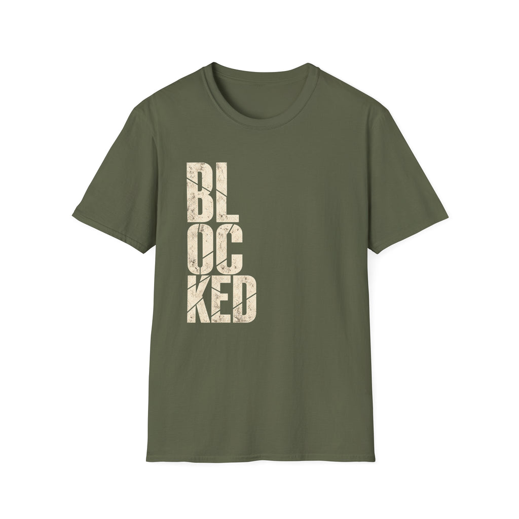 Military green t-shirt with the text 'blocked'