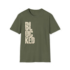 Military green t-shirt with the text 'blocked'