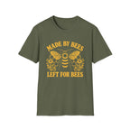 Military graphic tee with bee image and text 'made by bees left for bees'