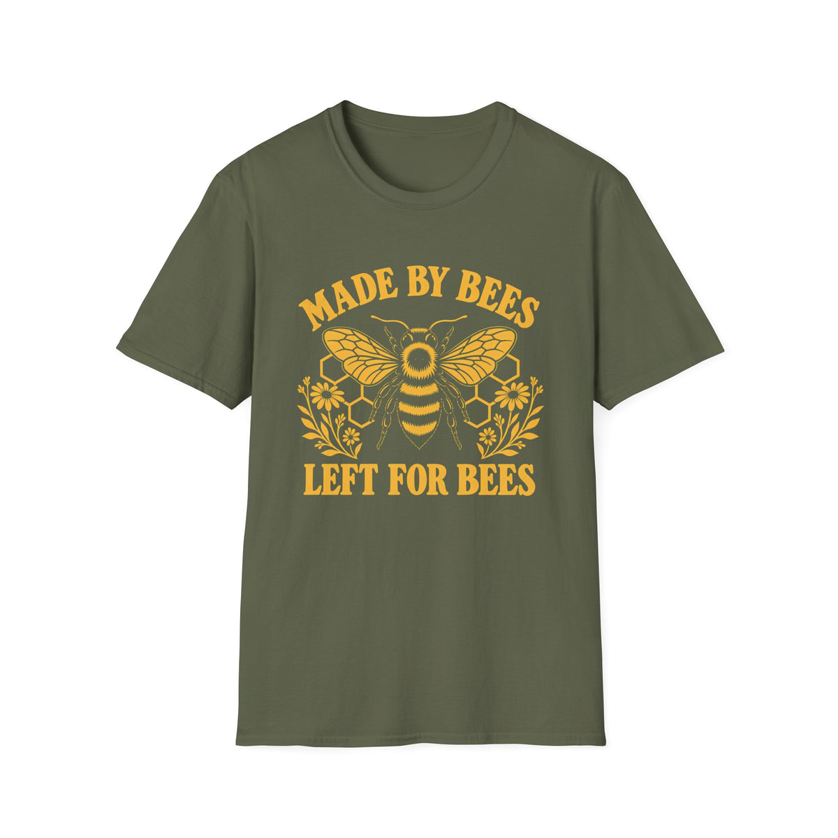 Military graphic tee with bee image and text 'made by bees left for bees'