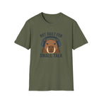 Military green t-shirt with image of a capybara wearing headphones and text 'not built for small talk'