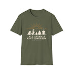 Military Green graphic T-shirt design showing a pig, cow, chicken, sheep and person sitting together beneath a sunrise with the words “All Animals Want Tomorrow” and “Same Sunrise.”
