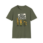 Military Green crewneck t-shirt featuring a graphic print of cartoon corn plants with the text 'BUT CROP DEATHS!' on a white background.