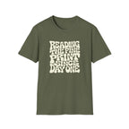 Military green t-shirt with text 'reading the fine print since day one'