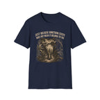 Navy Blue t-shirt with an elephant graphic in the jungle and text 'just because something exists doesn't mean it belongs to you'
