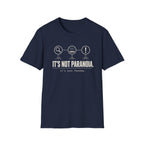 A navy short-sleeve graphic T-shirt laid with text 'it's not paranoia it's a tuesday'