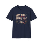 Navy Blue T-shirt with cafe scene graphic and text 'not built for small talk'