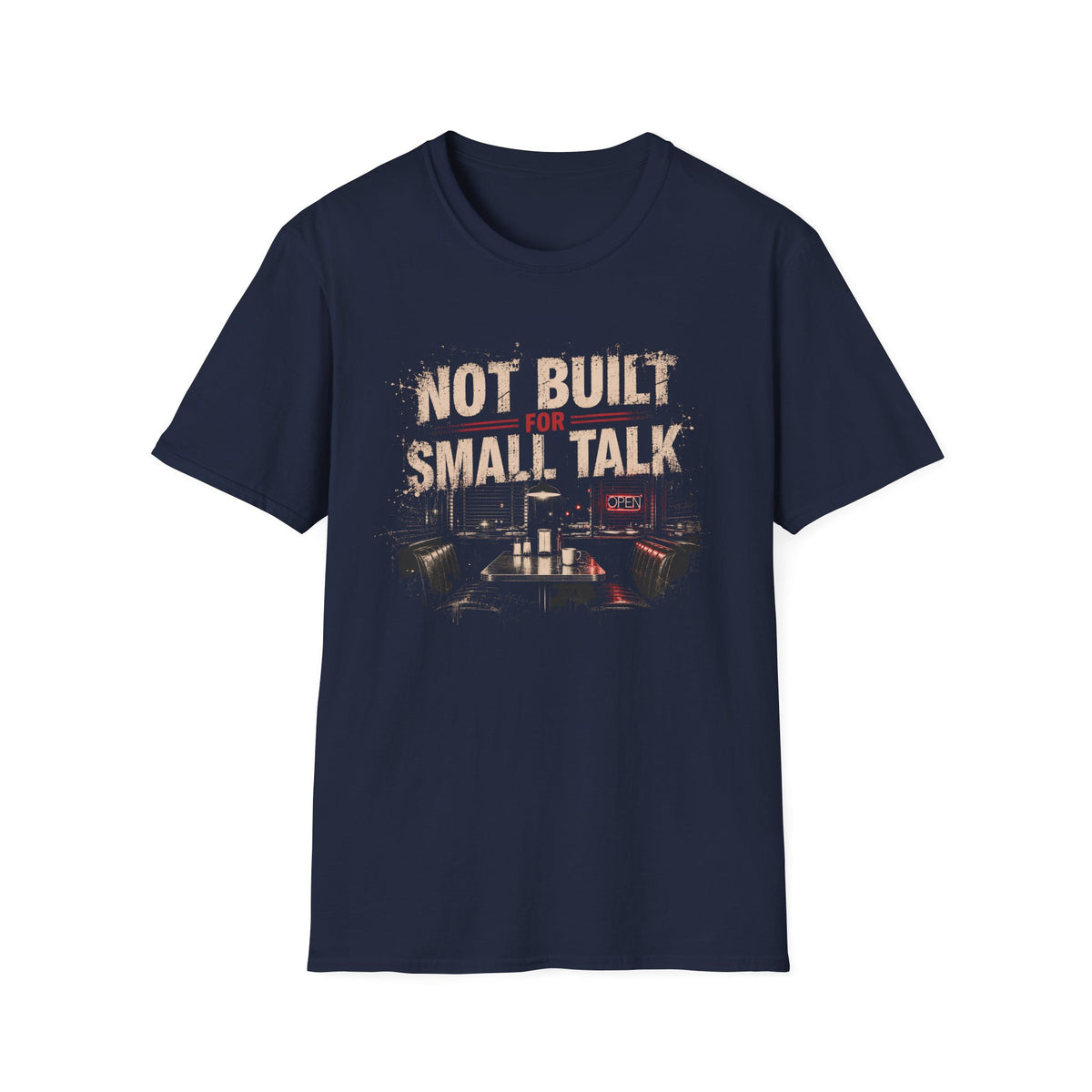 Navy Blue T-shirt with cafe scene graphic and text 'not built for small talk'