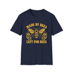 Navy blue graphic tee with image of a bee and text 'made by bees left for bees'