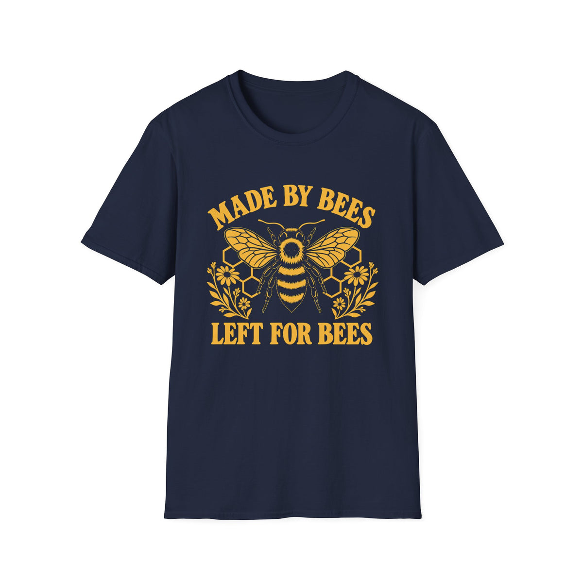 Navy blue graphic tee with image of a bee and text 'made by bees left for bees'