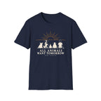 Navy Blue graphic T-shirt design showing a pig, cow, chicken, sheep and person sitting together beneath a sunrise with the words “All Animals Want Tomorrow” and “Same Sunrise.”