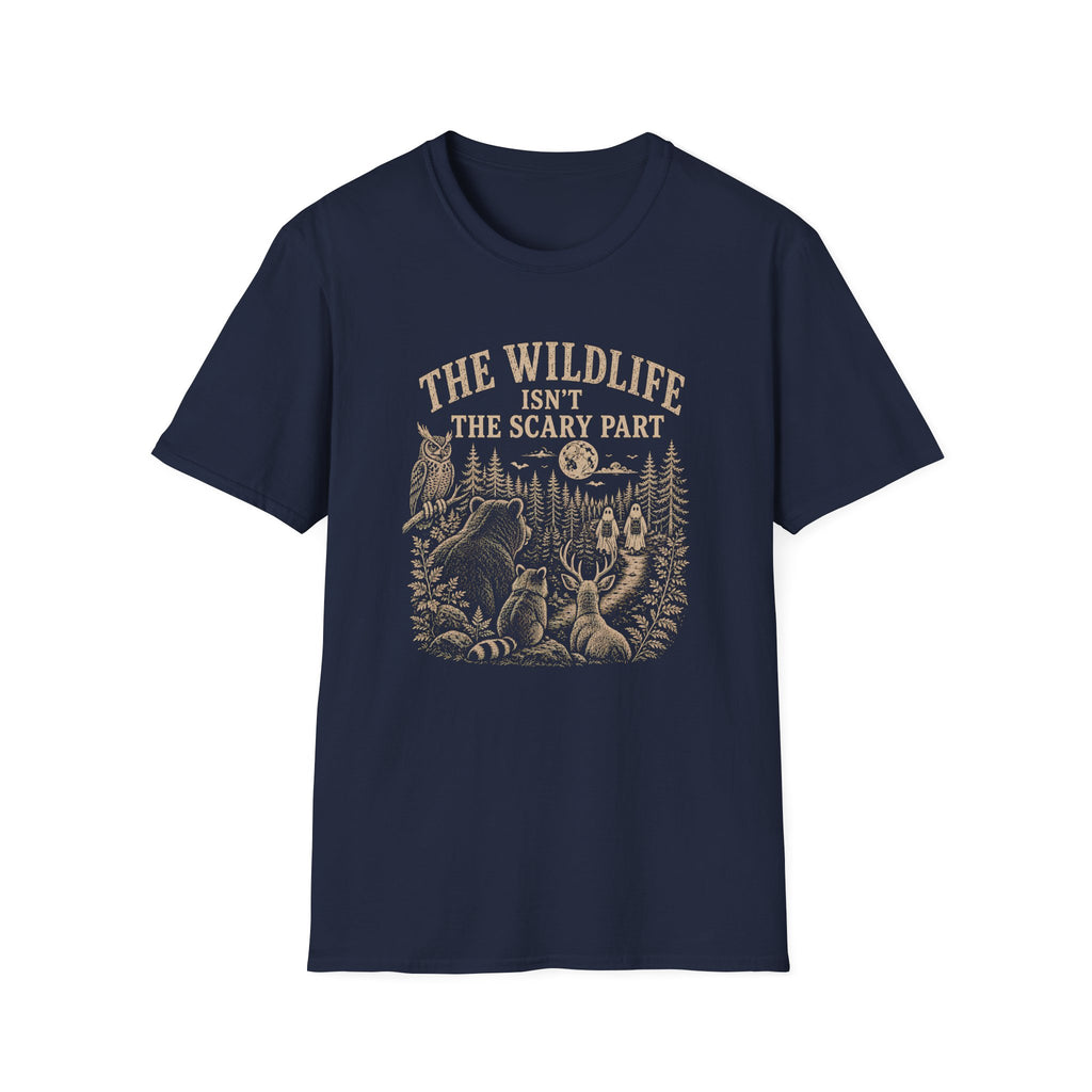 Navy t-shirt with nature graphic of animals and halloween characters walking up a path and text 'the wildlife isn;t the scary part
