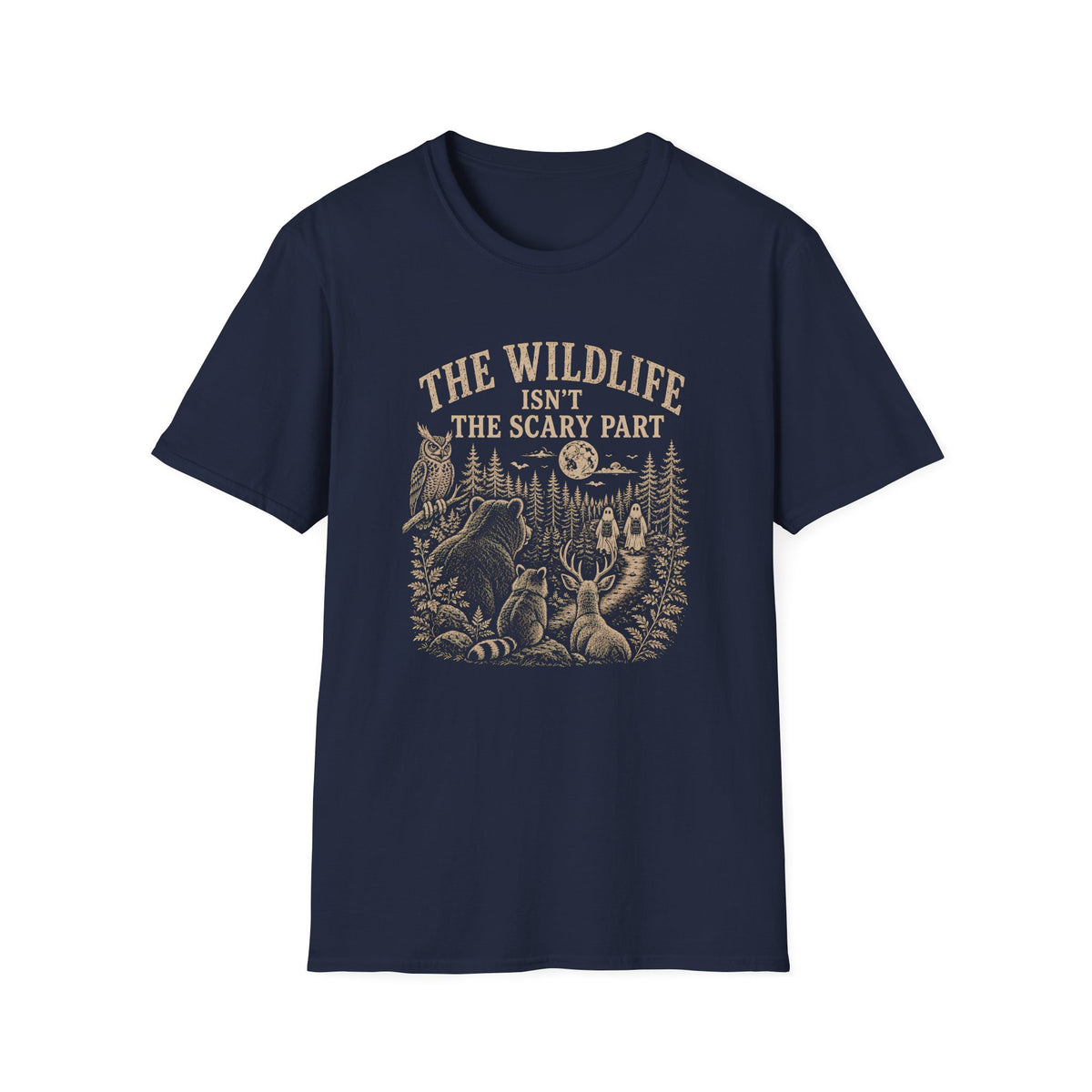 Navy t-shirt with nature graphic of animals and halloween characters walking up a path and text 'the wildlife isn;t the scary part