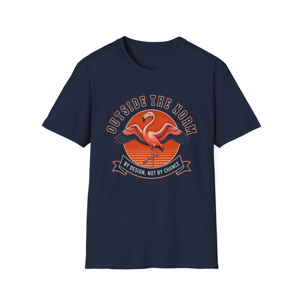 Navy T-shirt with Flamingo design and text 'outside the norm. by design not by chance