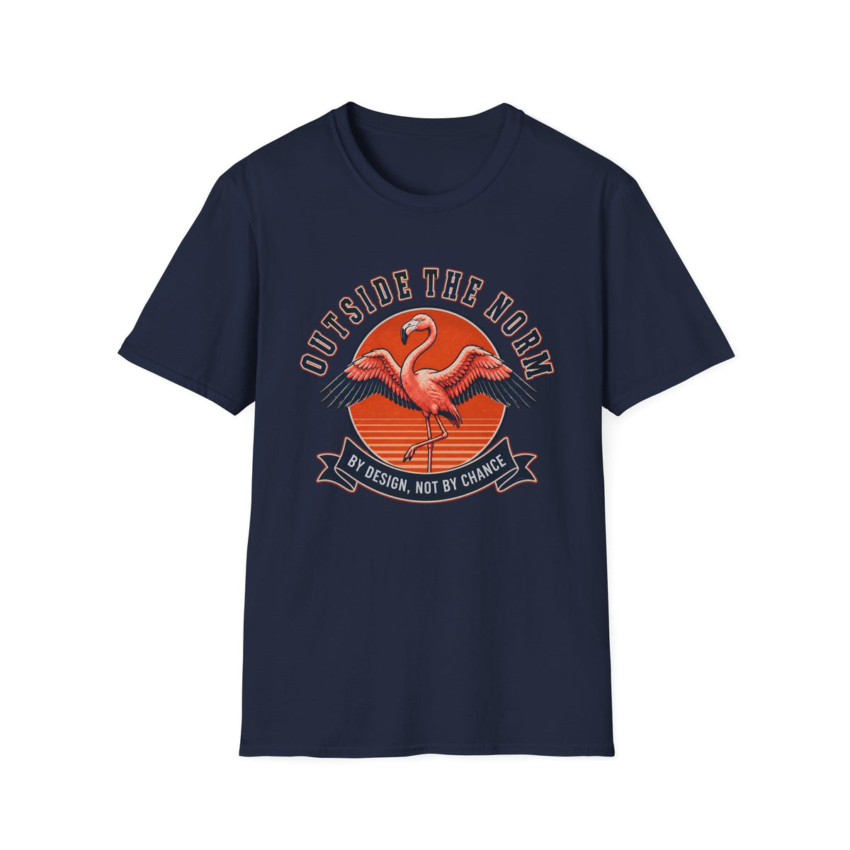 Navy T-shirt with Flamingo design and text 'outside the norm. by design not by chance