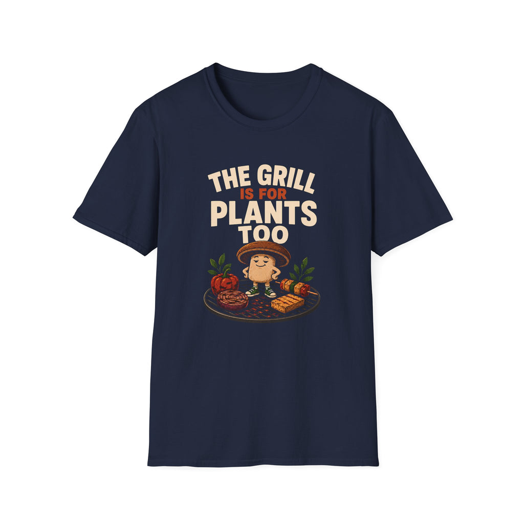 Navy blue t-shirt with mushroom graphic on a grill with text 'the grill is for plants too'