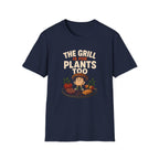 Navy blue t-shirt with mushroom graphic on a grill with text 'the grill is for plants too'