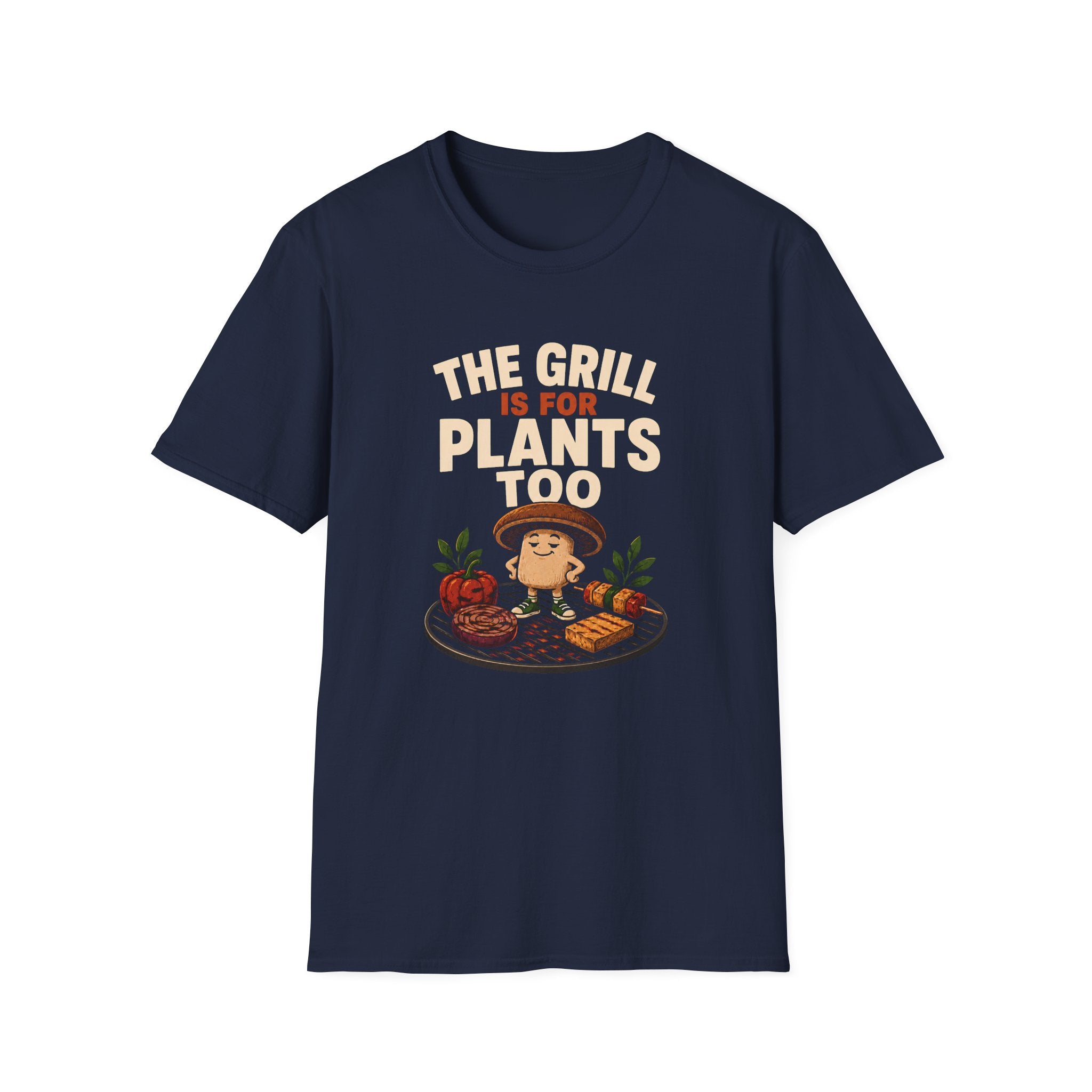 Navy blue t-shirt with mushroom graphic on a grill with text 'the grill is for plants too'